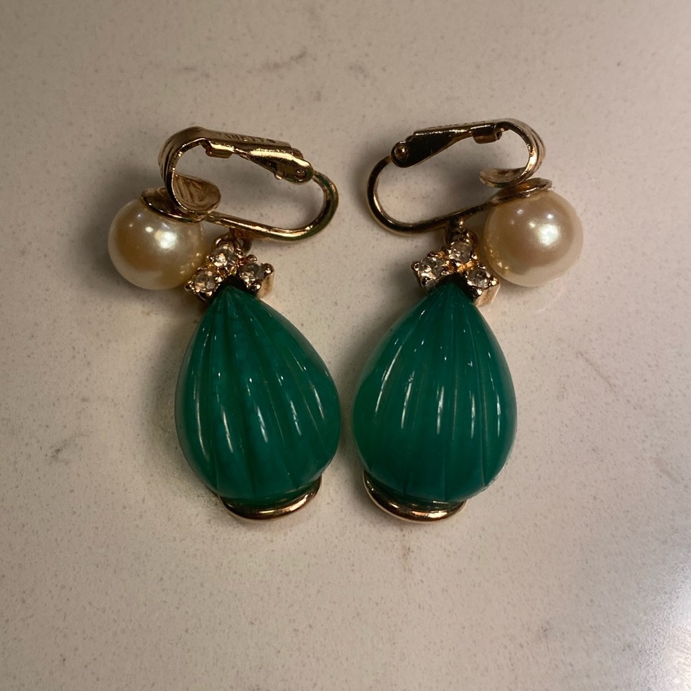 Vintage PANETTA Pearl, Rhinestone and Green Stone Clip On Earrings